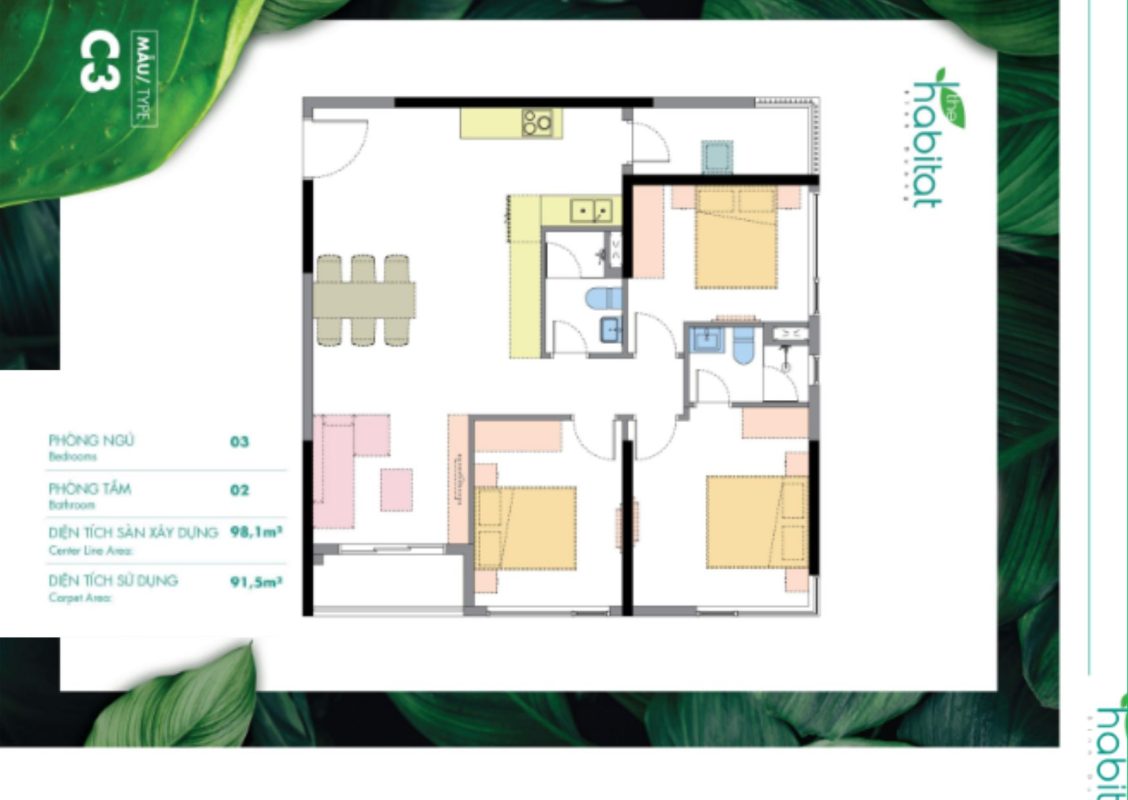 mặt bằng căn 3pn-98m2 habitat bình dương
